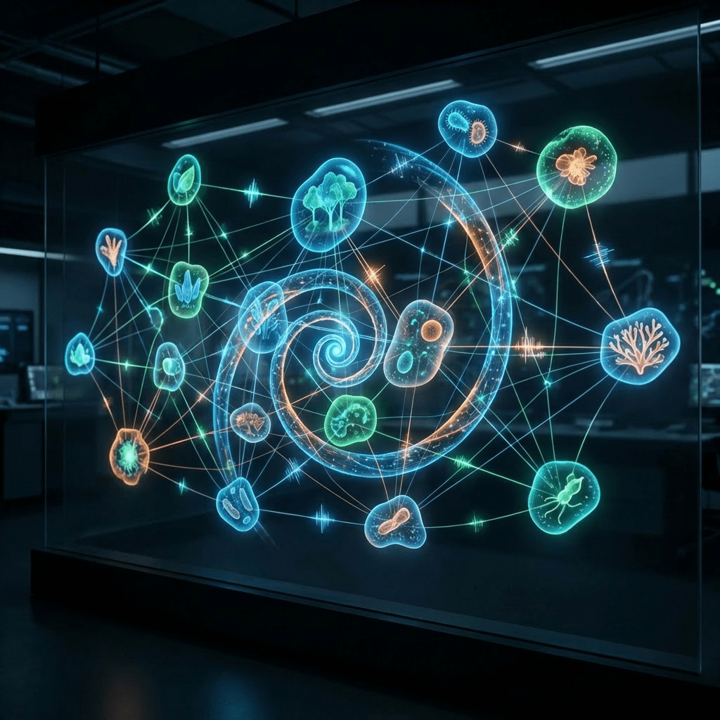 Map featuring FOREST HUB, MICROBIAL EXCHANGE, CORAL REEF NODE, and SOLAR ENERGY FLOW nodes.