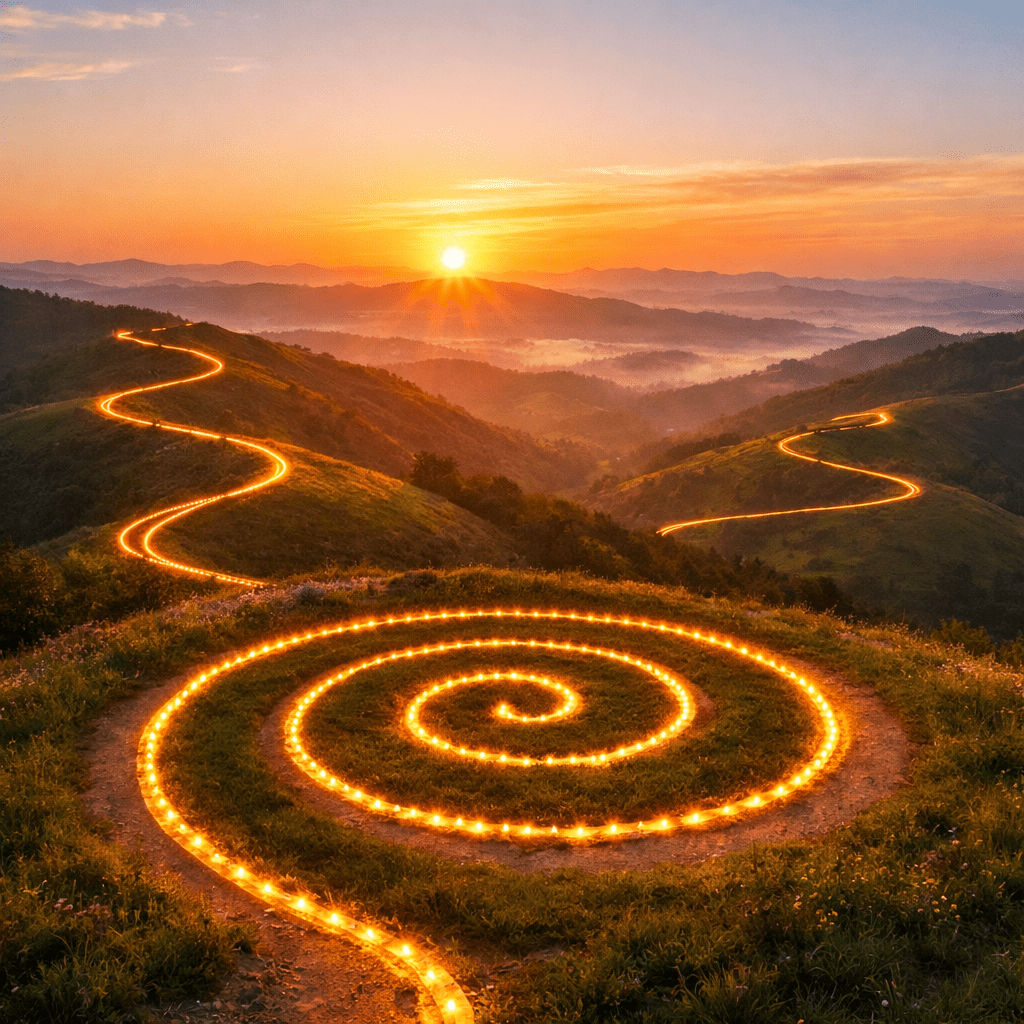 Glowing spiral and winding lights on grassy hills at sunset