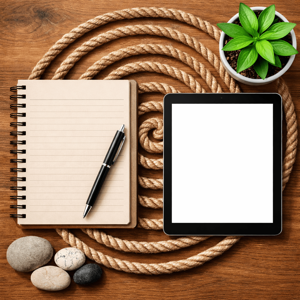 Blank spiral notebook with pen, tablet with blank screen, green potted plant, and smooth stones on wooden desk