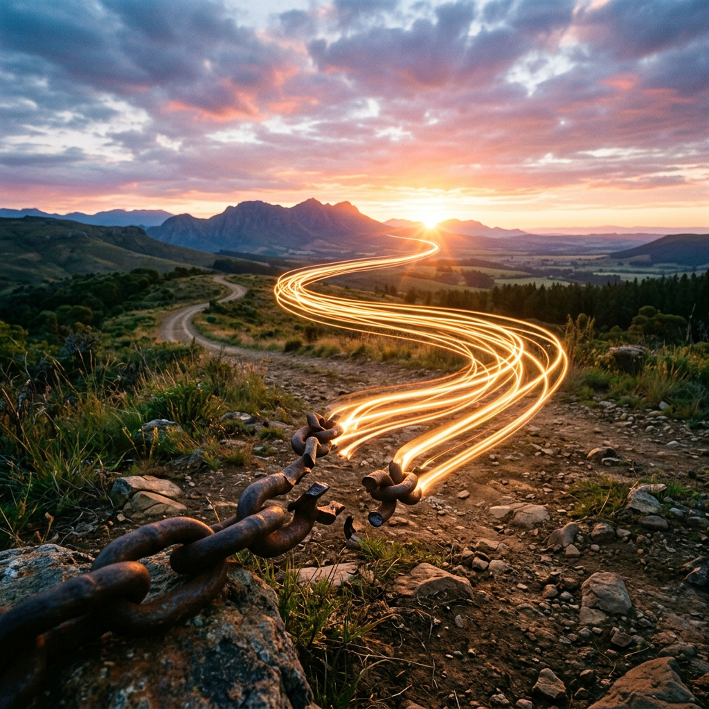 Rusty broken chain with light trails extending across a dirt path toward a sunset