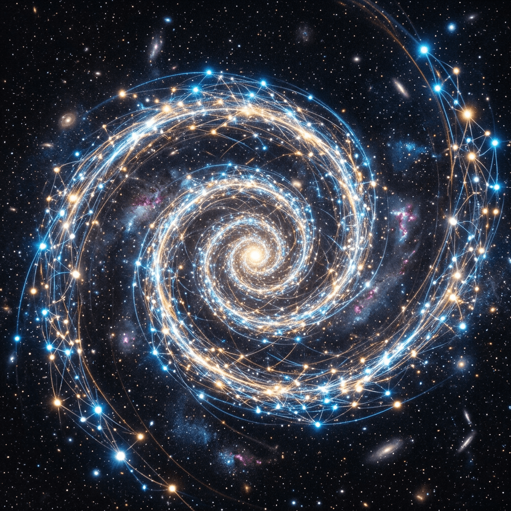 Spiral galaxy with blue and yellow stars connected by glowing lines in space