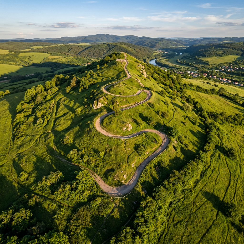 Winding road ascending a green hill surrounded by forested landscape and valleys