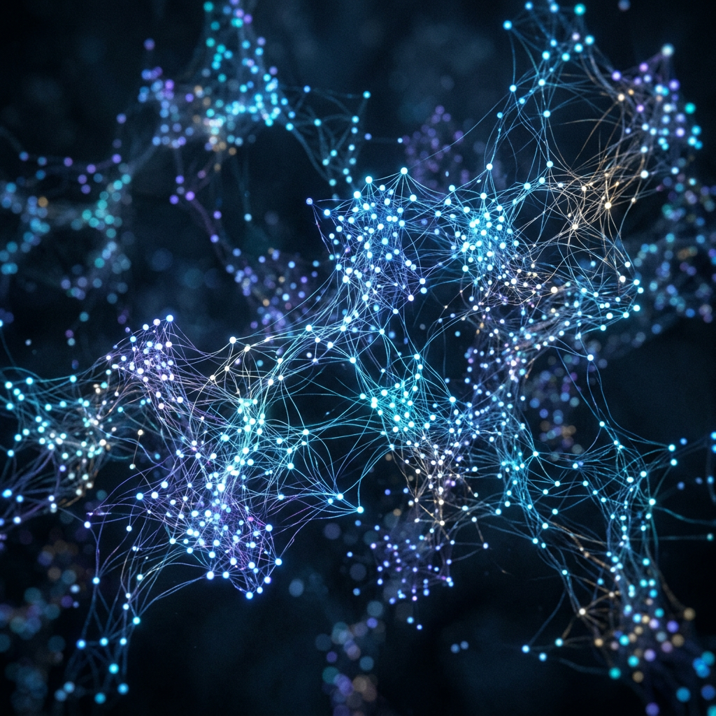 Glowing interconnected nodes and lines forming a complex data network structure
