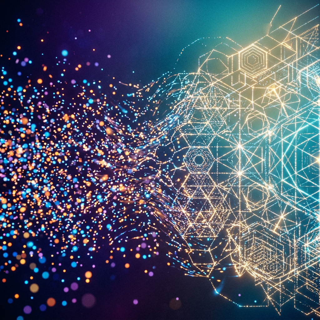 Glowing geometric shapes and particle streams representing digital data connections