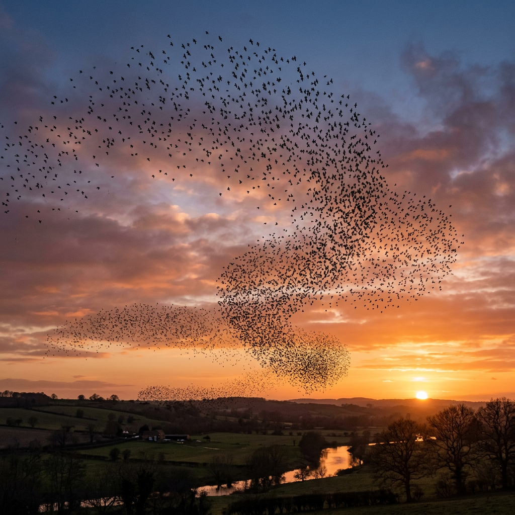 Large flock of starlings flying in complex shapes at sunset above fields and a river