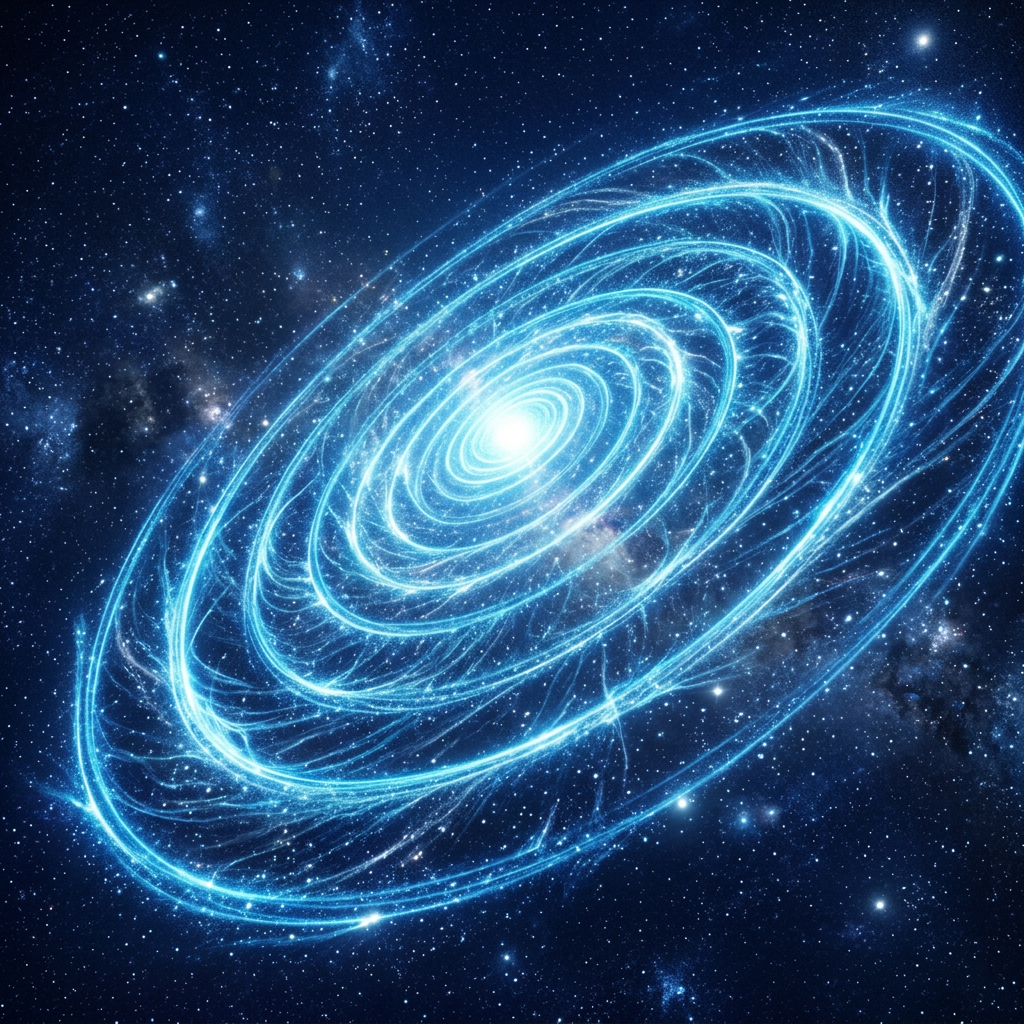 Bright blue spiral galaxy with glowing rings in deep space