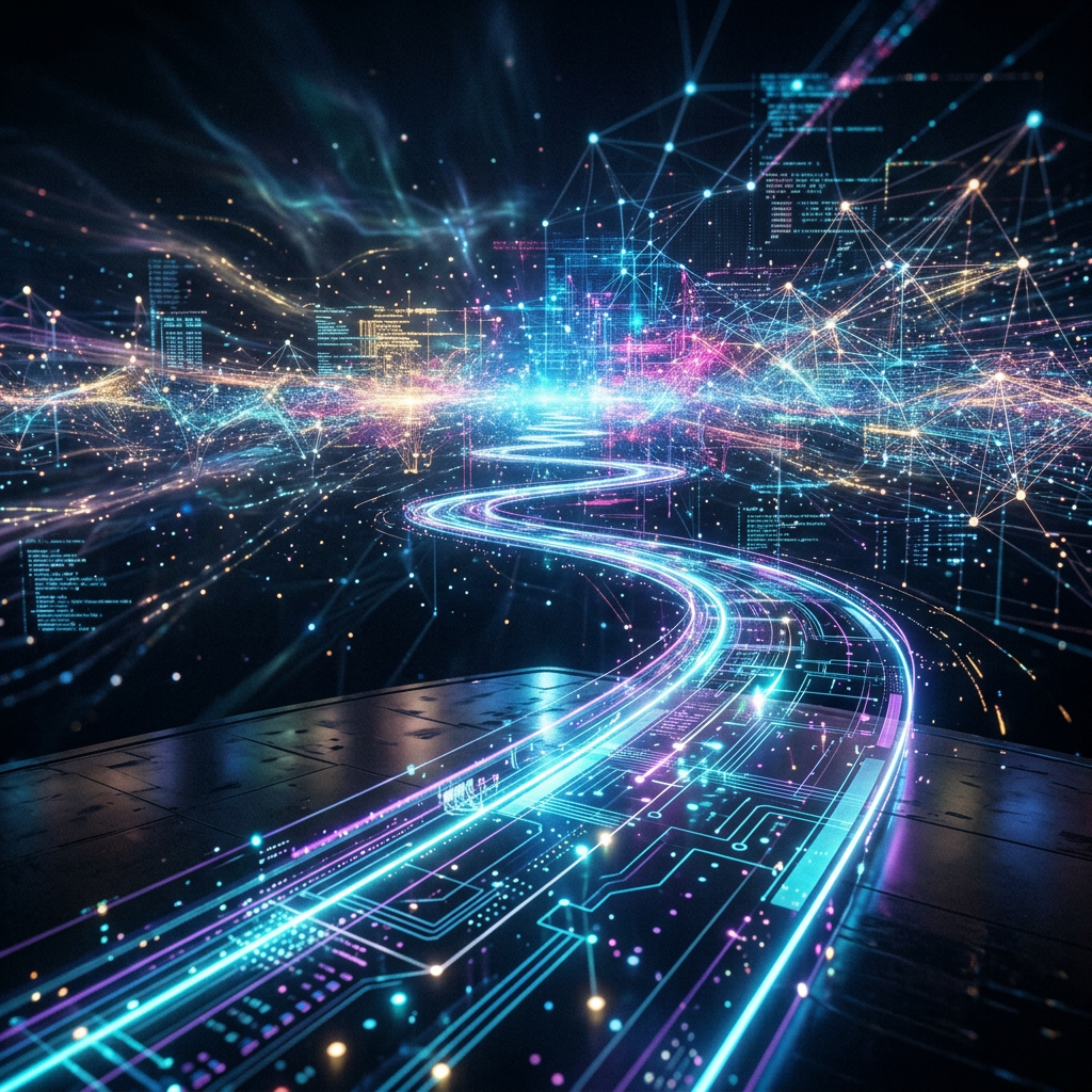 Glowing neon lines and nodes forming a winding digital data network in a dark space