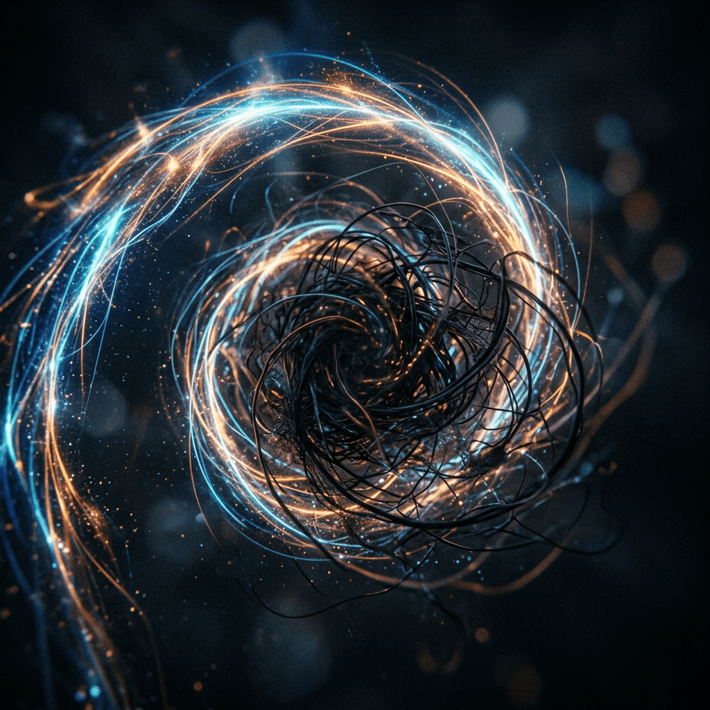 Intertwined glowing blue and orange light strands with dark wire spiraling inward forming a vortex.