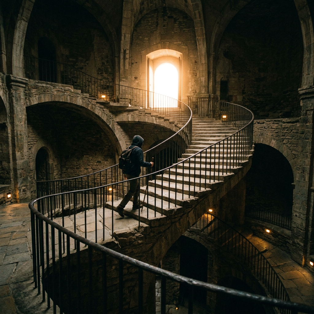 Person with backpack walking up stone spiral staircase inside old stone building
