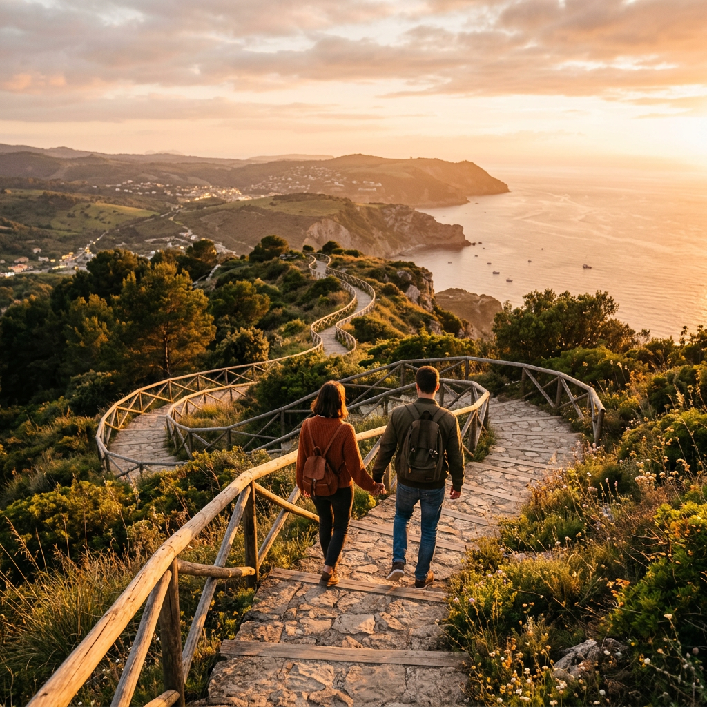 Couple walking hand in hand on stone path with wooden railing along a coastal cliff at sunset