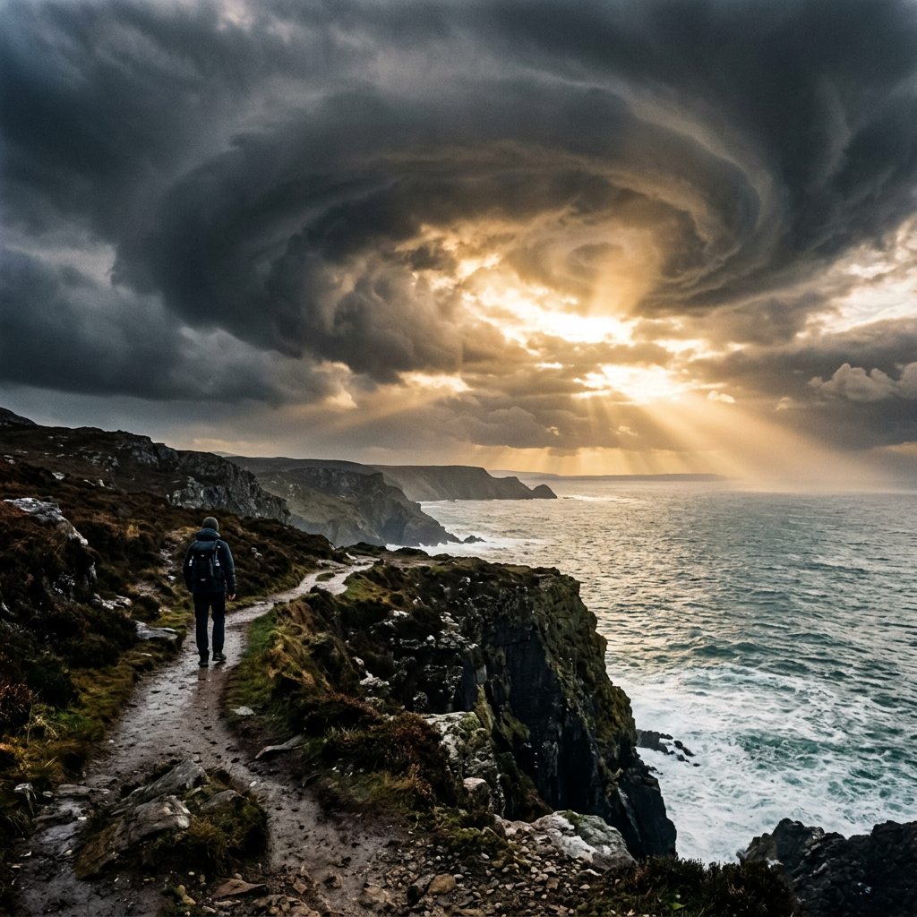 Person hiking on rocky coastal path with stormy sky and sun rays over ocean cliffs