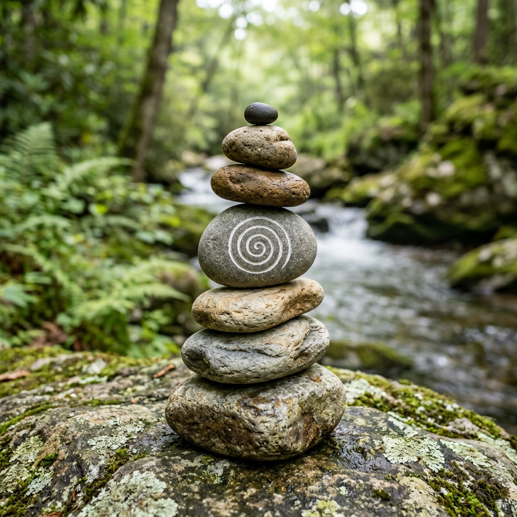 Stack of seven smooth stones balanced outdoors with forest and stream background