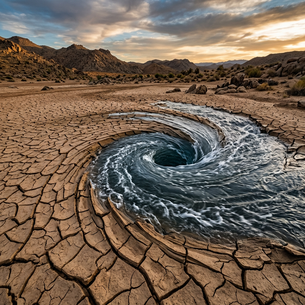 Whirlpool forming in cracked dry desert landscape with surrounding mountains