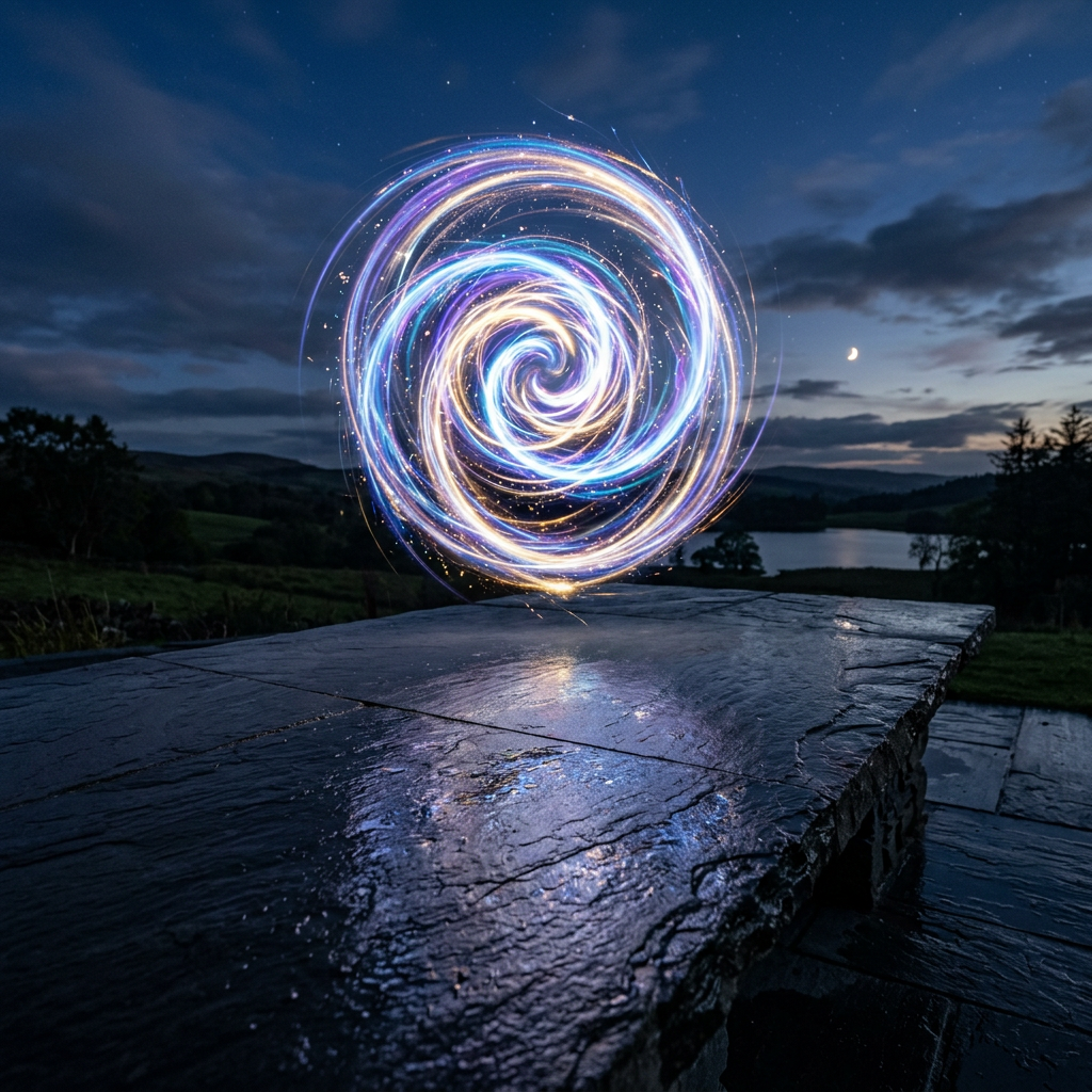 Colorful glowing spiral light pattern above a reflective stone table outdoors at dusk