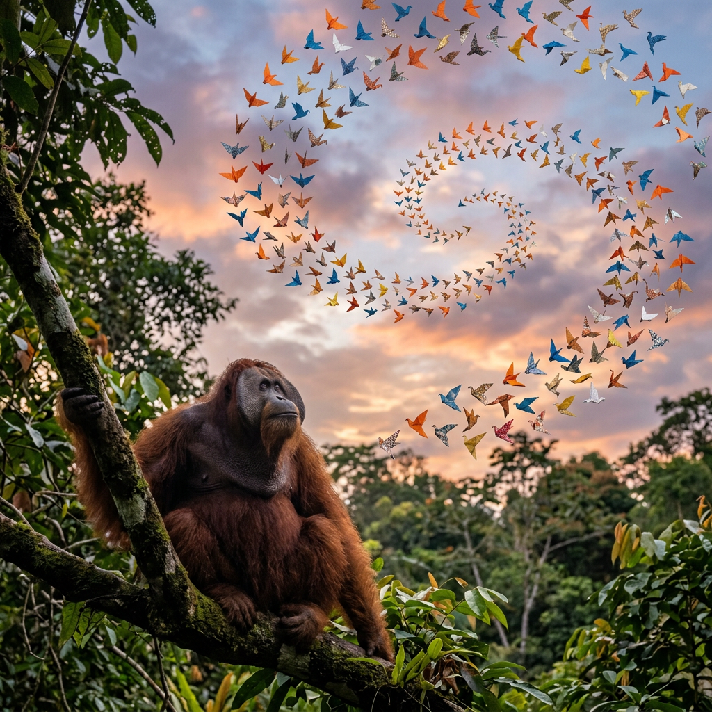 Orangutan sitting on tree branch looking at spiral of colorful paper birds in sky