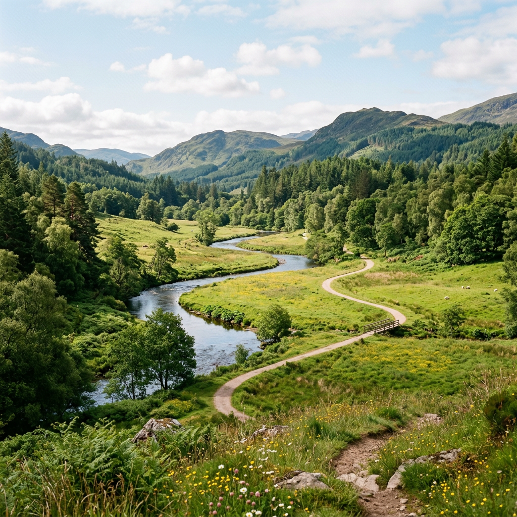 Winding dirt trail alongside a meandering river through green valley and forested hills