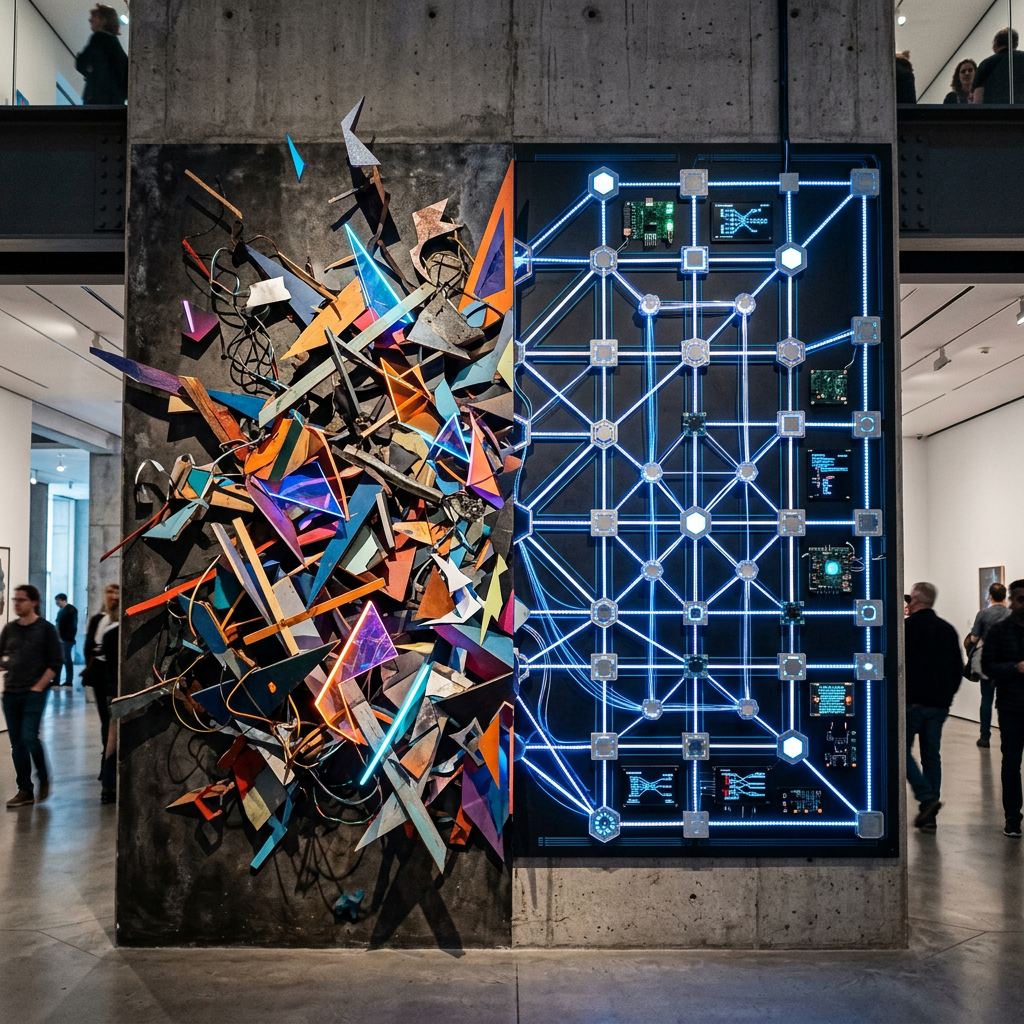 Abstract colorful sculpture with illuminated digital circuit panel side by side