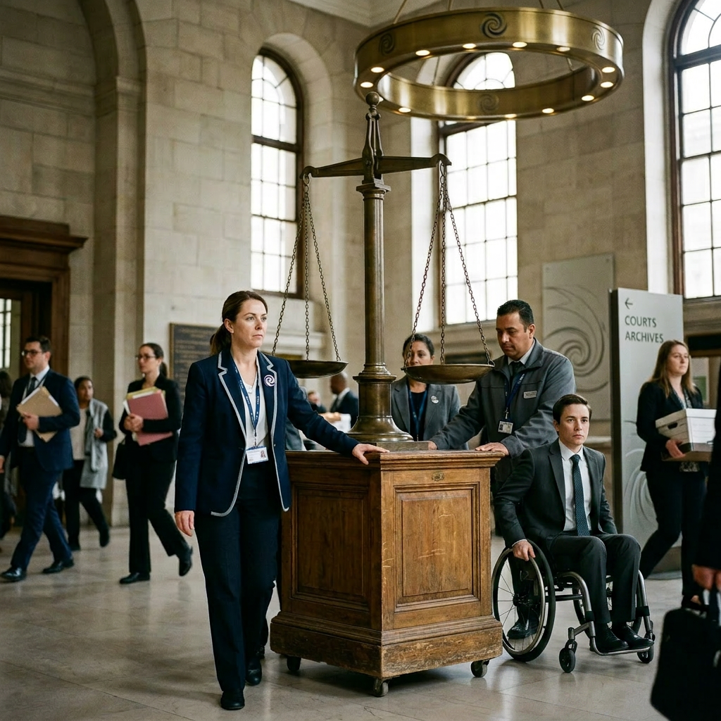 Several courthouse employees pushing a large wooden base with a giant scales of justice