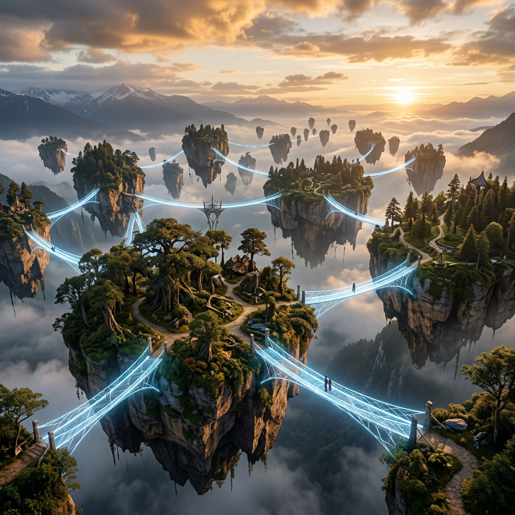 Lush floating islands connected by illuminated bridges above clouds in mountainous terrain
