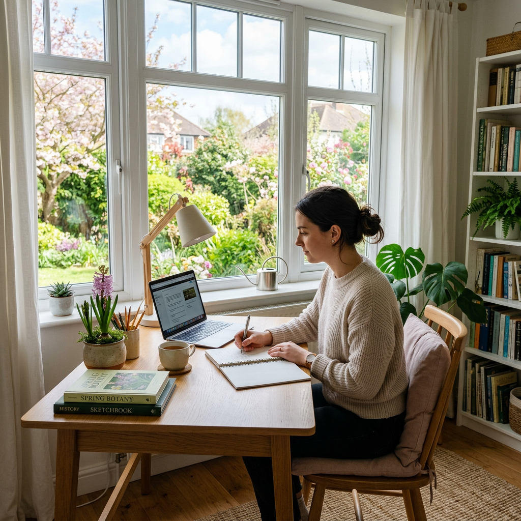Woman writing in notebook at desk with laptop and plants by window