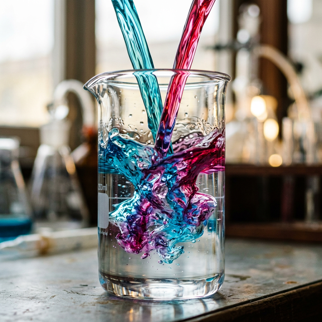 Blue and pink liquids being poured into a transparent laboratory beaker mixing in clear liquid