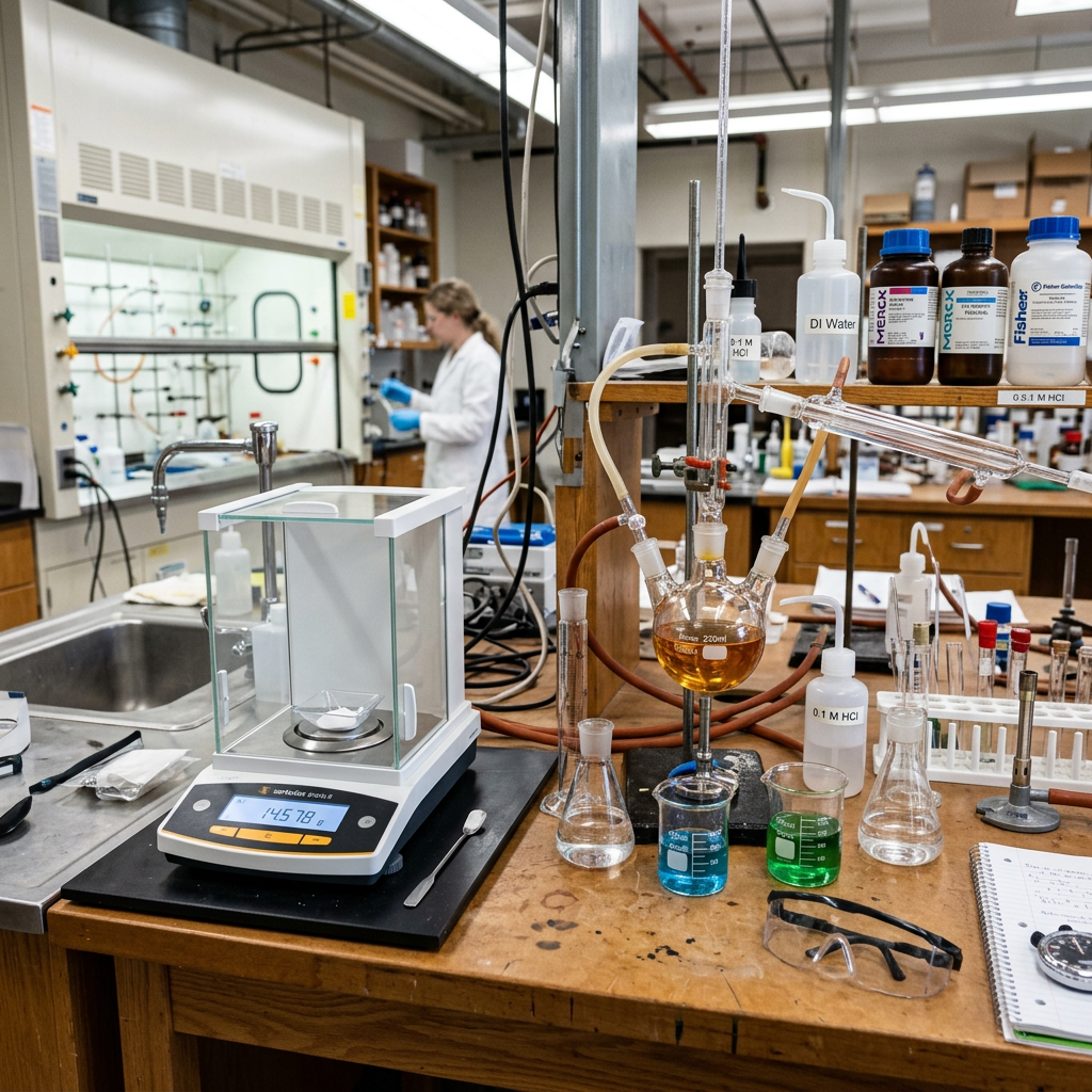 Chemistry lab bench with glassware, digital scale, and scientist in white coat