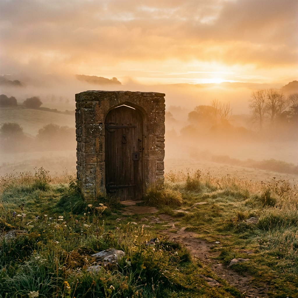 Stone doorway with wooden door in grassy field during misty sunrise