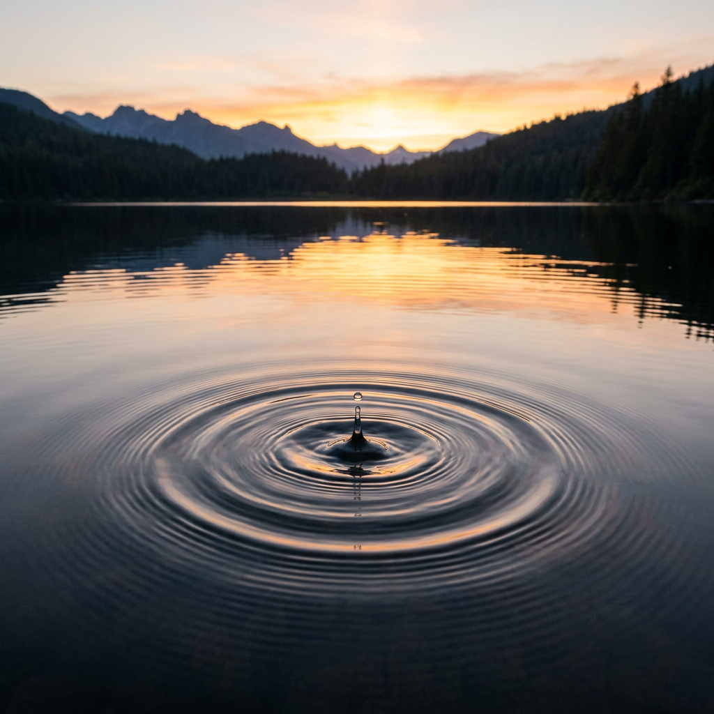 Water droplet causing ripples on a tranquil lake at sunset with forest and mountains in background