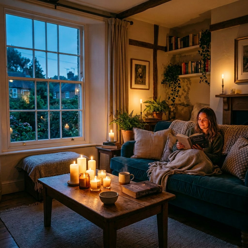 Woman wrapped in blanket reading book on sofa surrounded by lit candles in living room