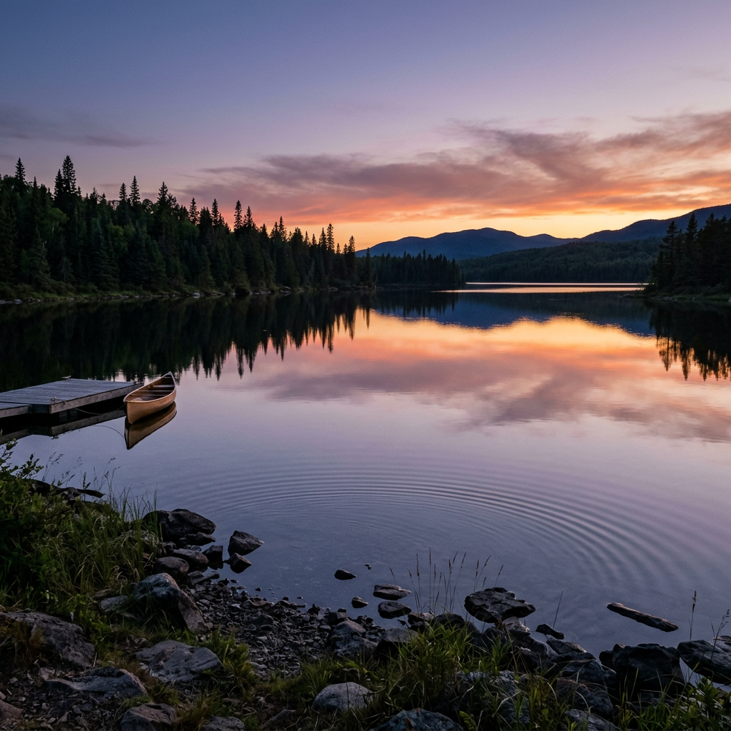 Calm lake with a wooden dock and canoe at sunset reflecting colorful sky
