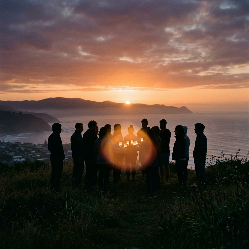 People gathered in a circle holding candles at sunset by the ocean