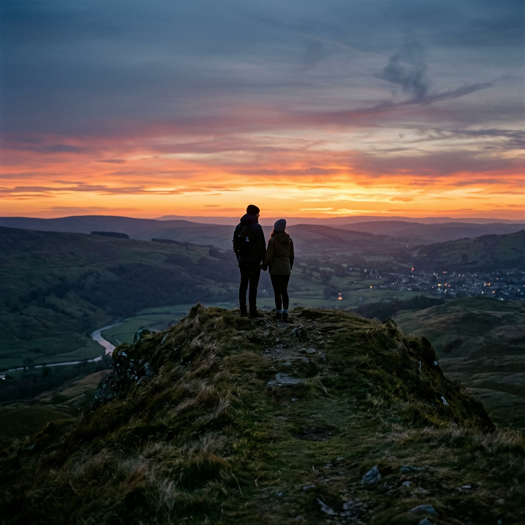 Two people standing on a grassy hilltop, looking at a colorful sunset over a valley with hills and a river.
