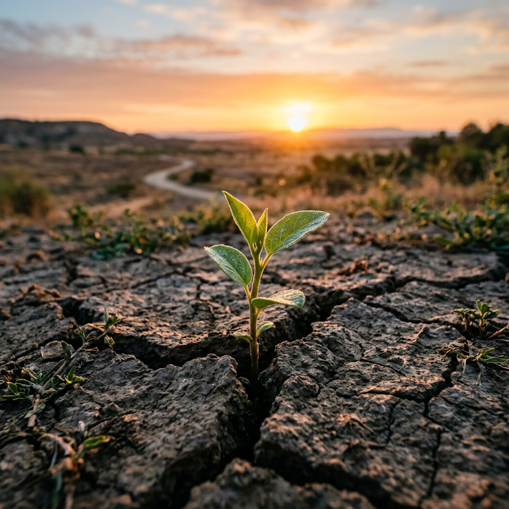 Young plant sprouting from cracked dry soil with sun rising in background