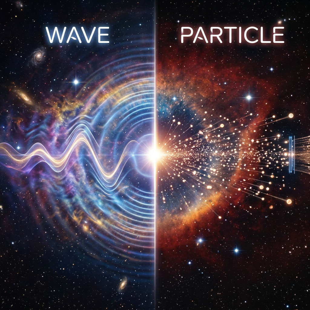 Split cosmic scene showing wave pattern on left and particles on right labeled WAVE and PARTICLE