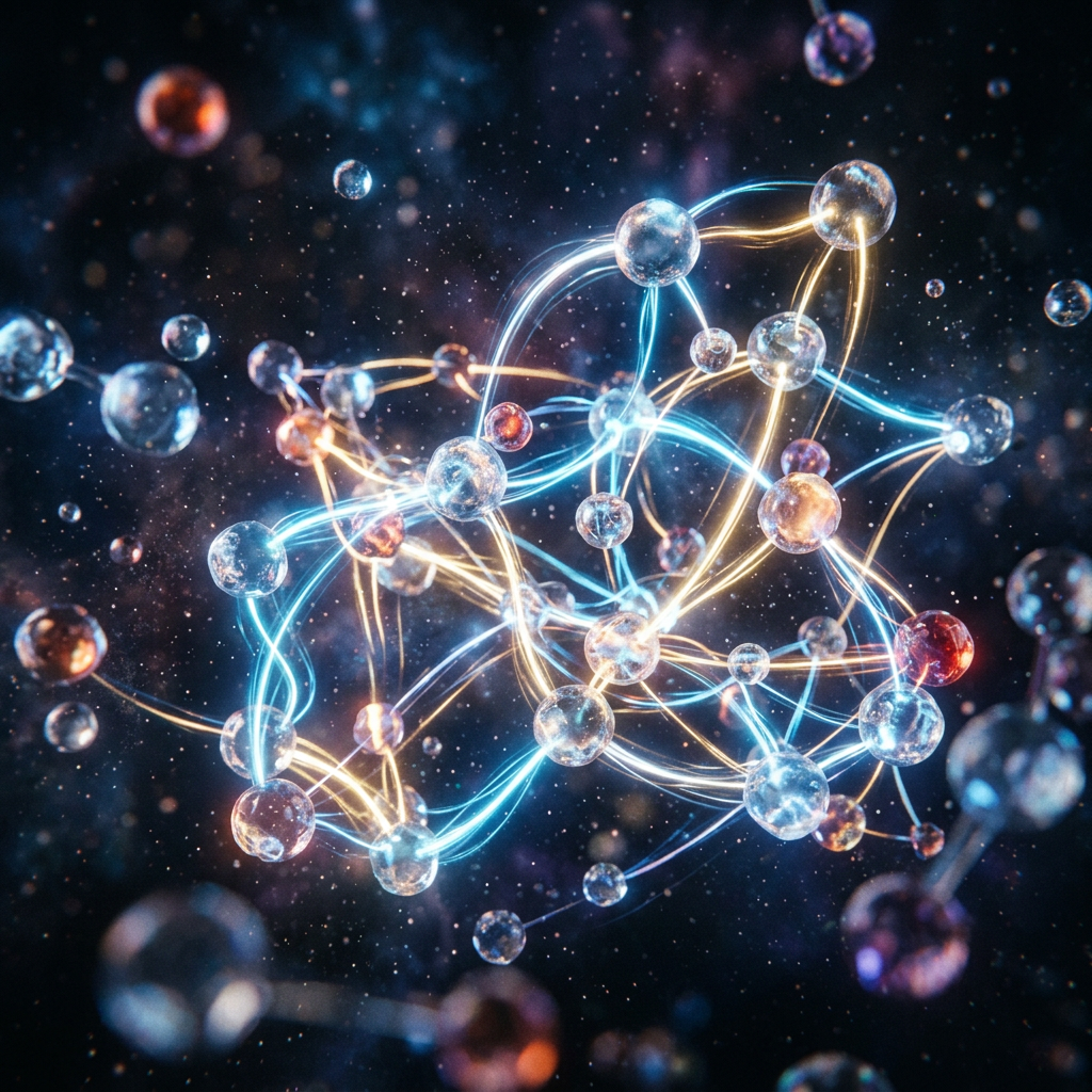 Molecular network with glowing blue and orange energy lines connecting spheres