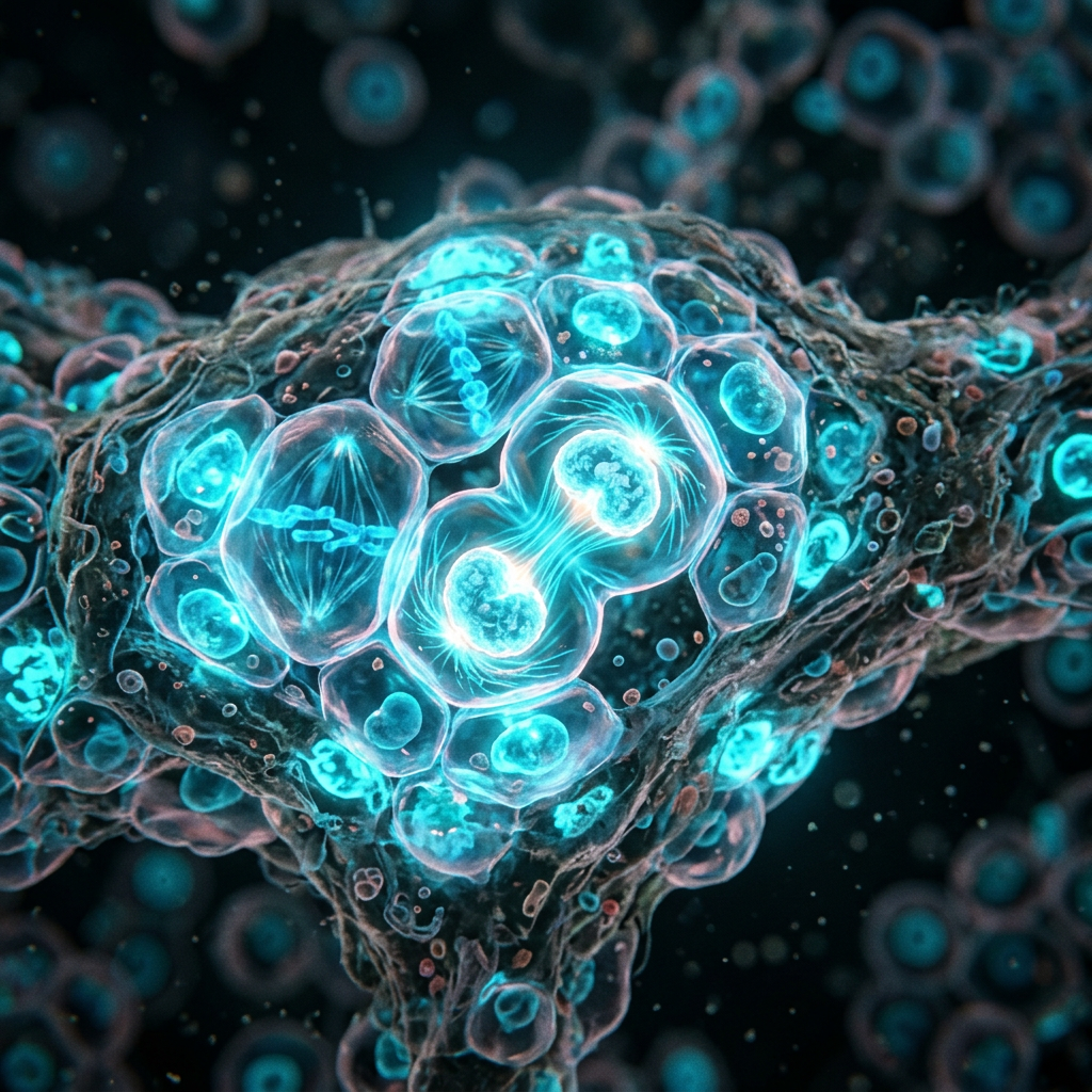 Cells in various stages of mitosis with visible chromosomes and spindle fibers