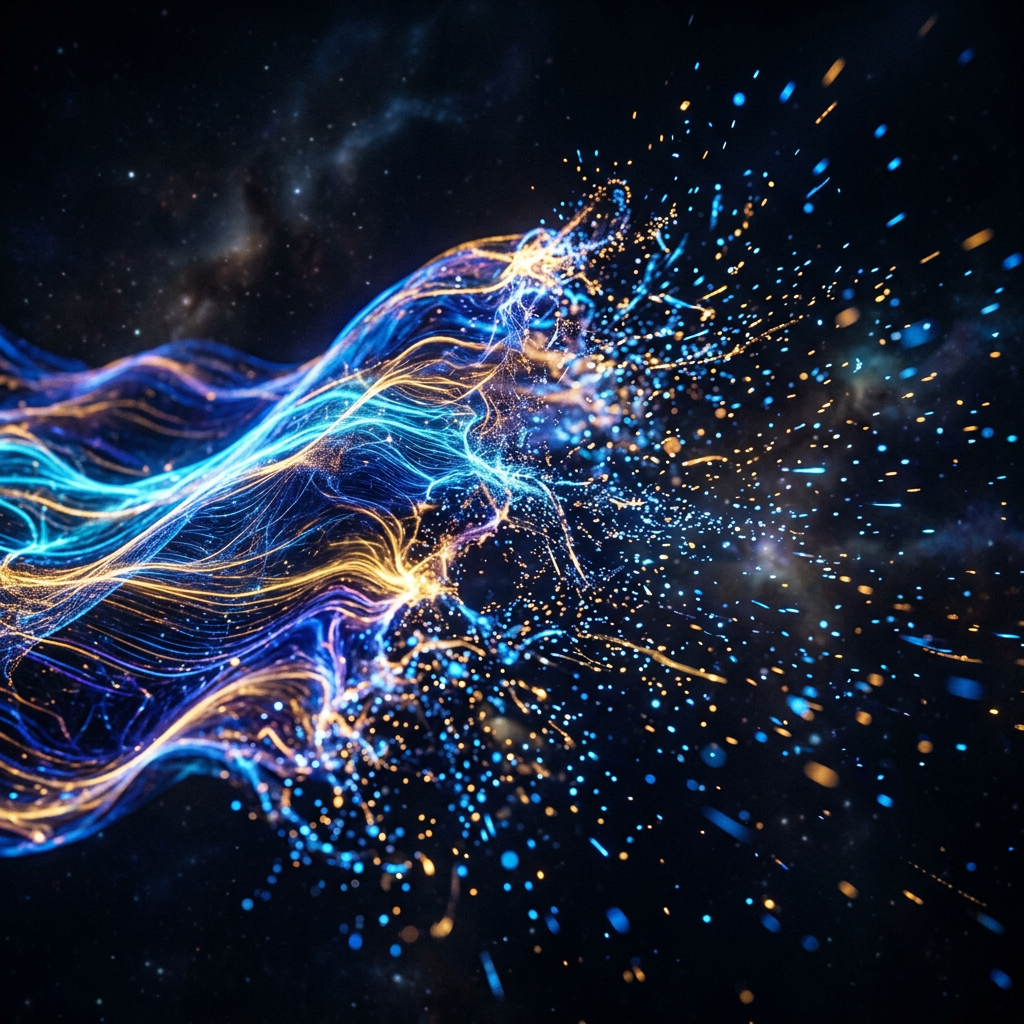 Blue and orange neon particles forming flowing wave shapes in a dark space