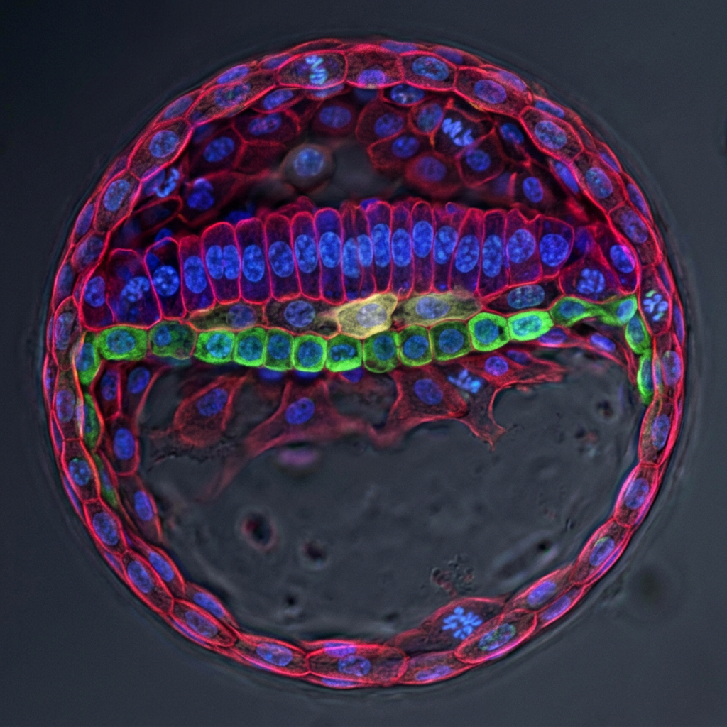 Cross-section of plant cells with nuclei stained blue, cell walls red, and specific cells green and yellow