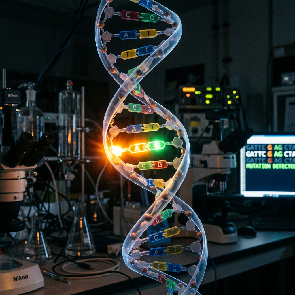 3D DNA double helix model with glowing mutation site in genetics lab