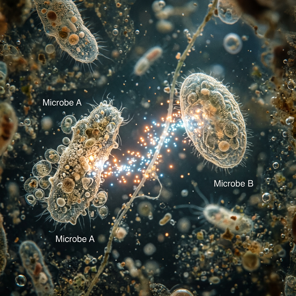 Two types of microbes labeled Microbe A and Microbe B exchanging glowing particles