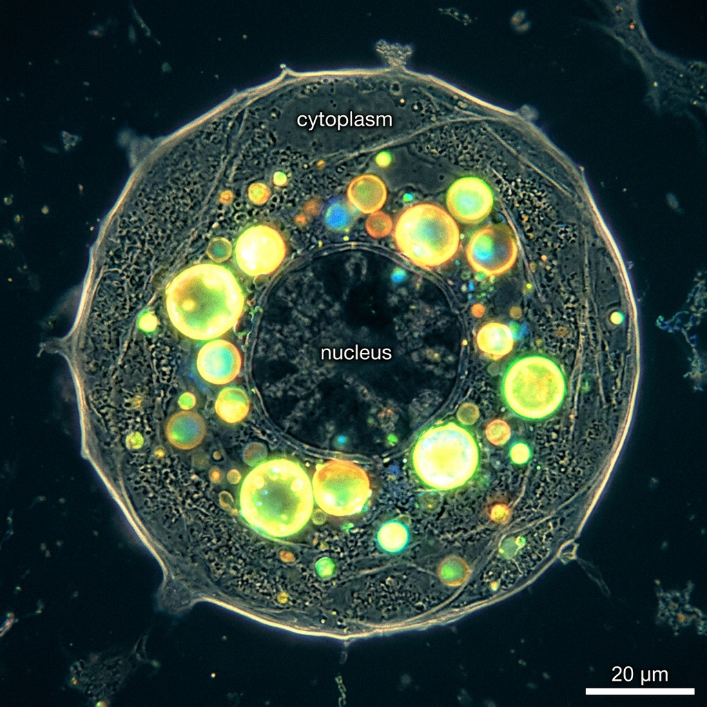 Labeled algae cell with nucleus and cytoplasm under microscope