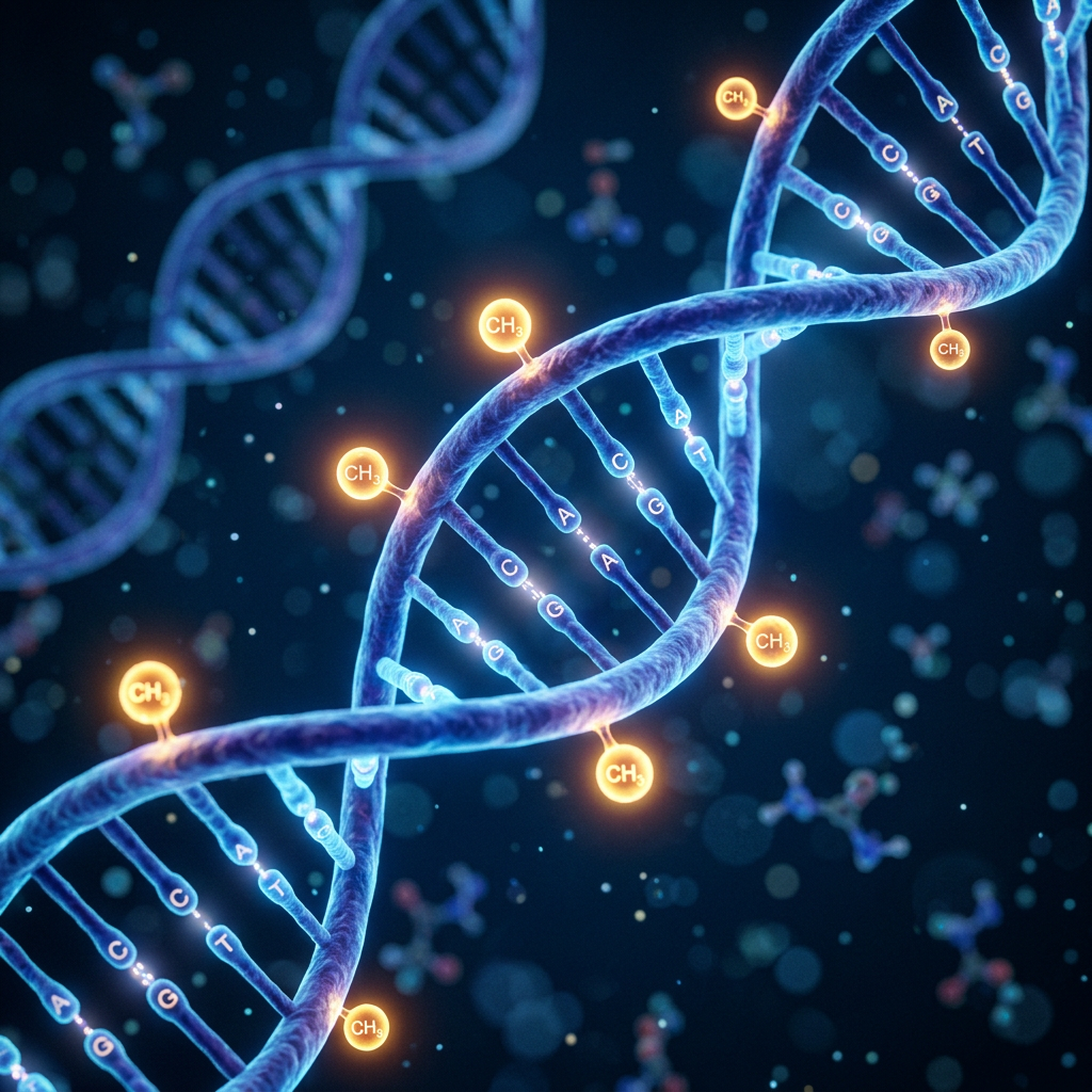 DNA double helix with glowing CH3 methylation groups attached to nucleotide bases