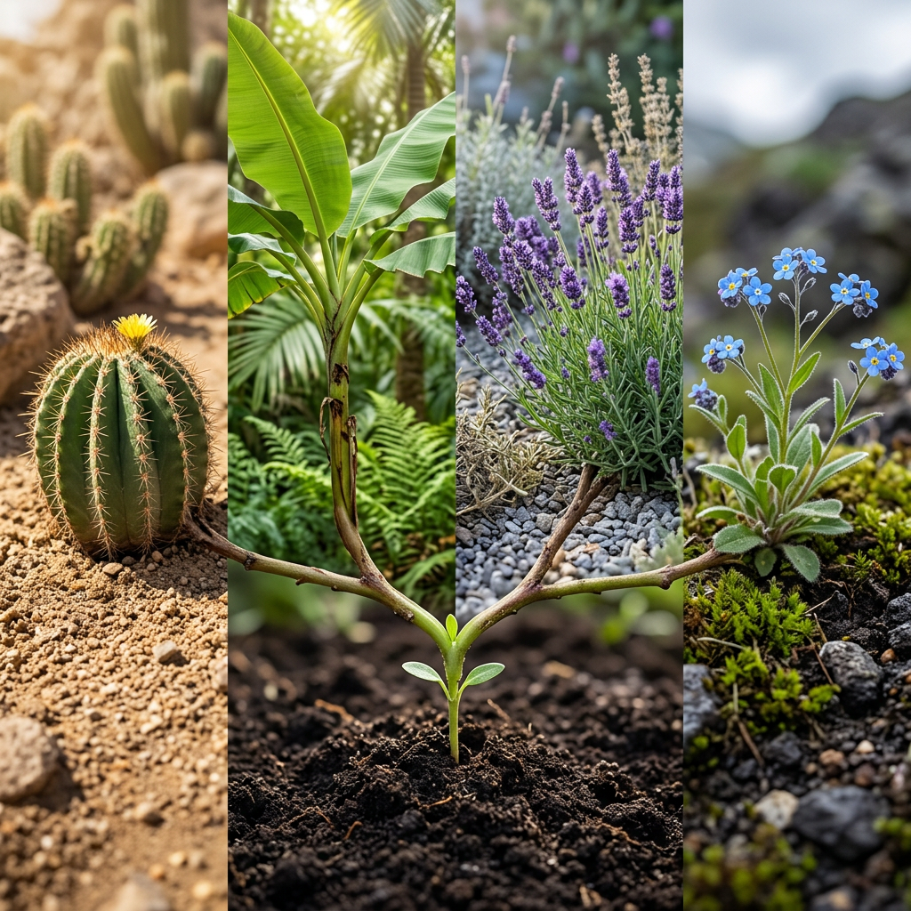 A plant with branches showing desert cactus, tropical banana leaves, lavender flowers, and alpine blue flowers