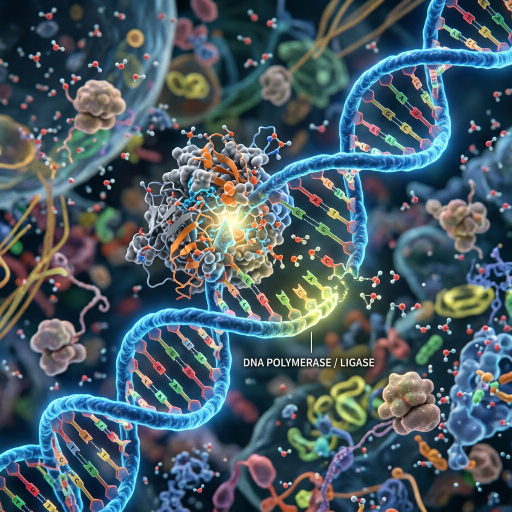 DNA polymerase and ligase enzymes interacting with DNA double helix during replication