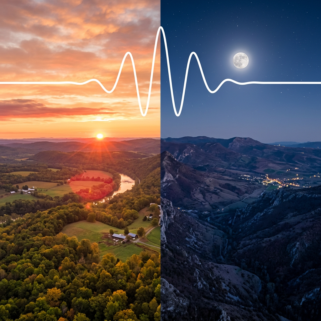 Split landscape with daytime sunset on left and nighttime moonlit valley on right with heartbeat line overlay