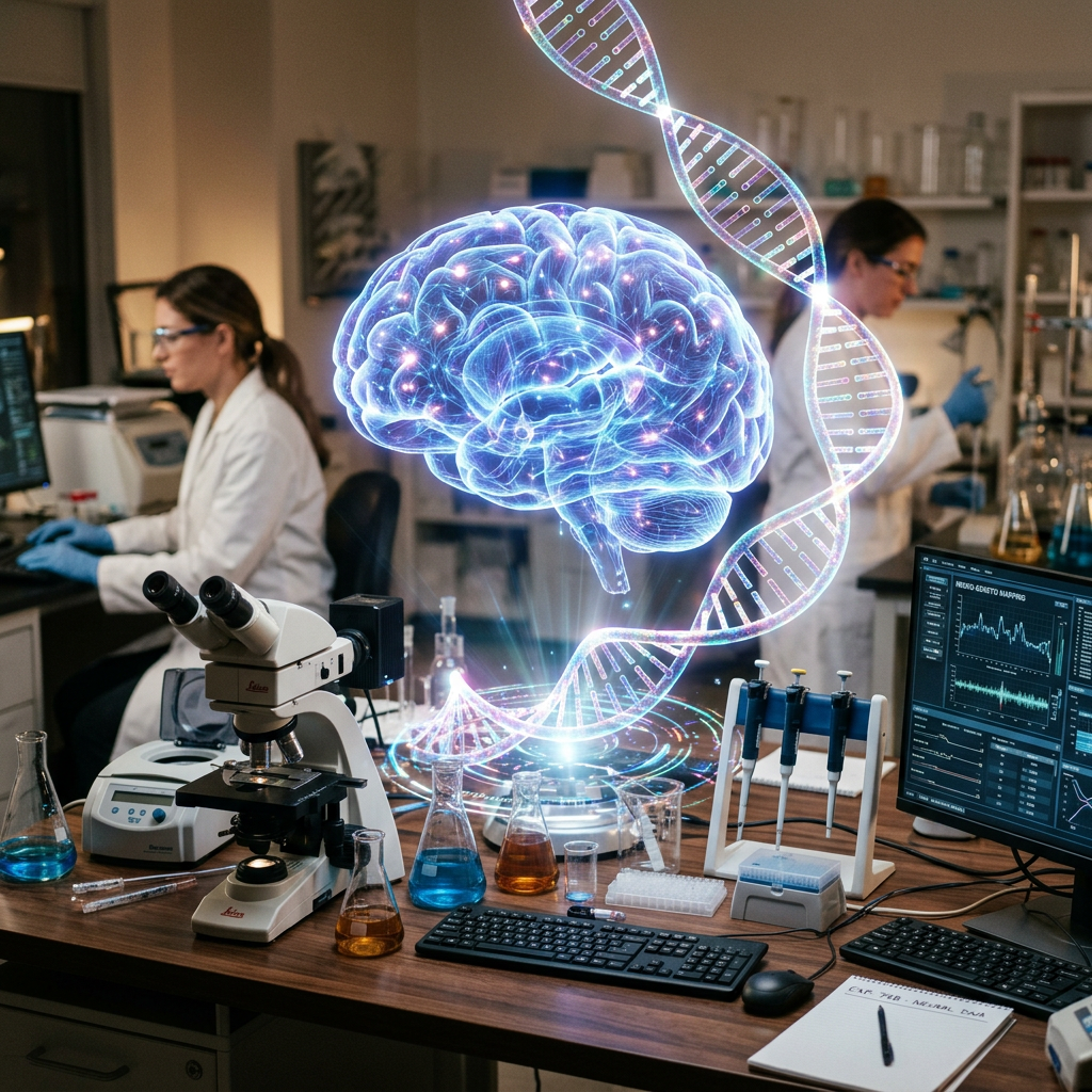 Laboratory with scientists analyzing brain and DNA holograms with scientific equipment