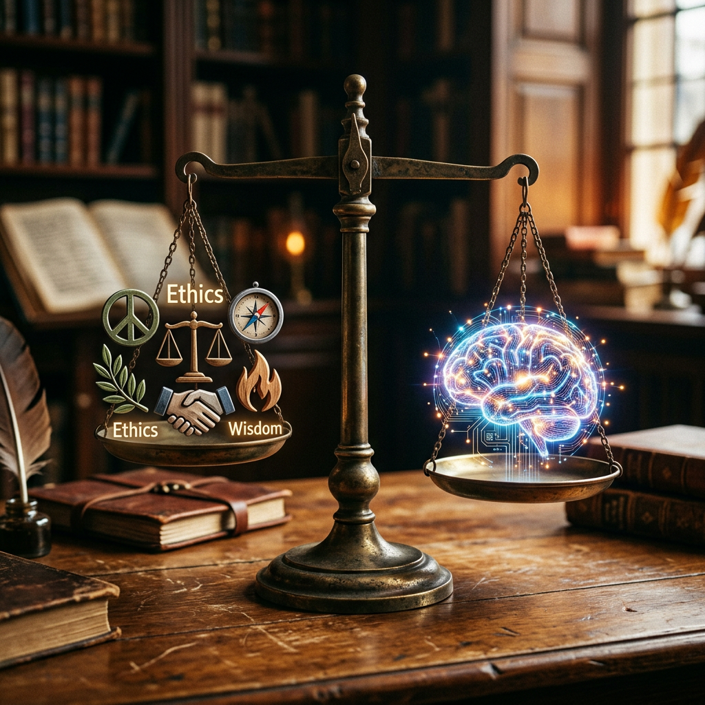 Antique balance scale with ethics and wisdom symbols on one side and a glowing digital brain on the other