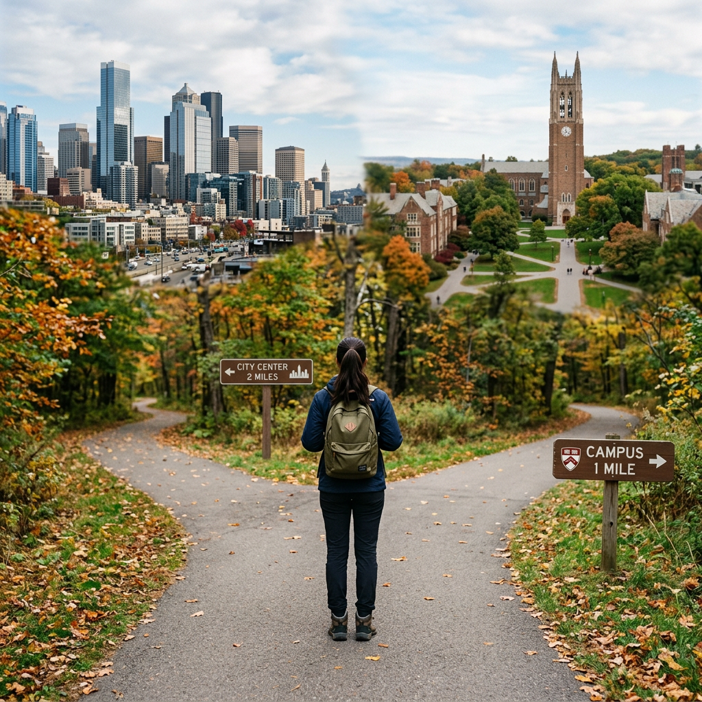 Person standing at a forked path with signs pointing to city center and campus