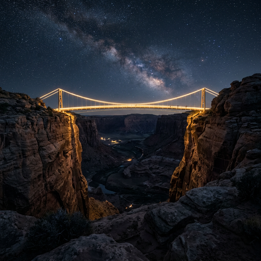 Suspension bridge lit with lights spanning a rocky canyon under a star-filled night sky
