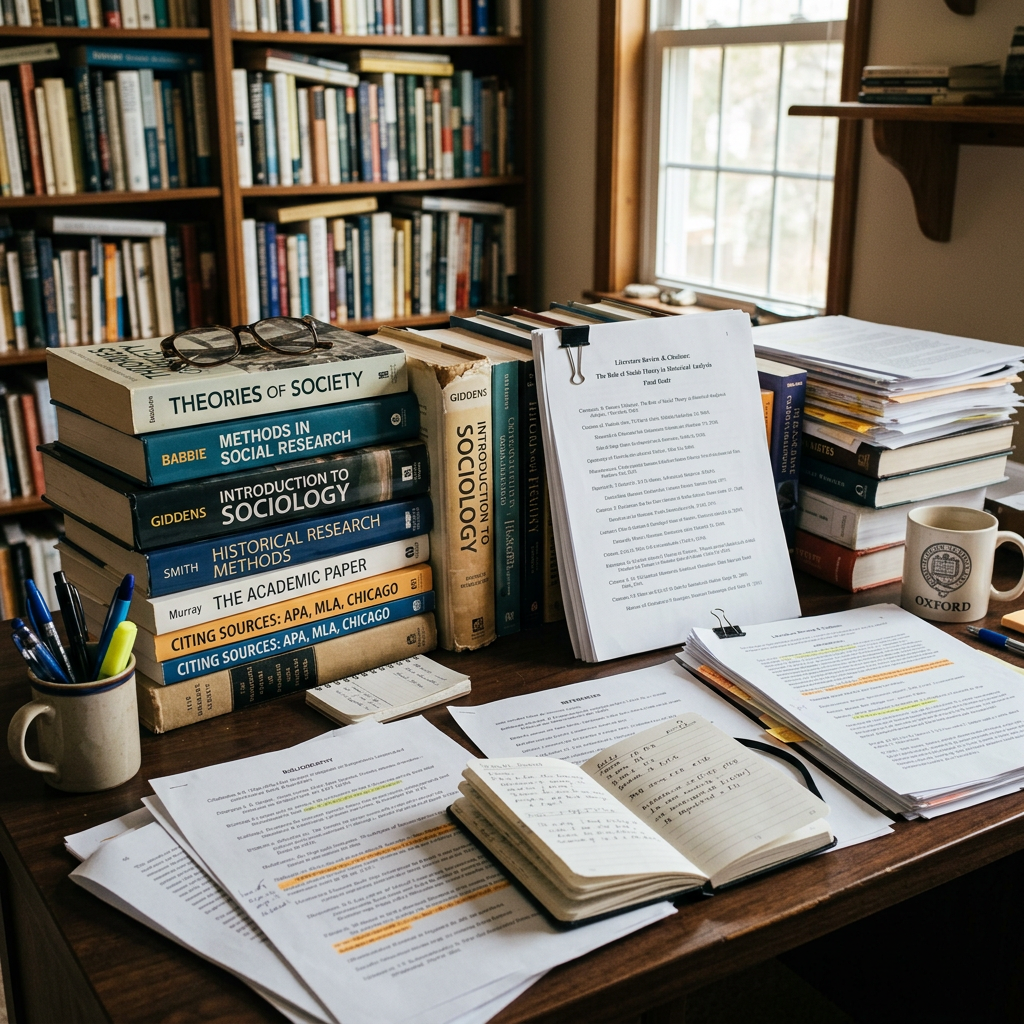 Desk with sociology textbooks, research papers, notebook, glasses, pens, and coffee mug